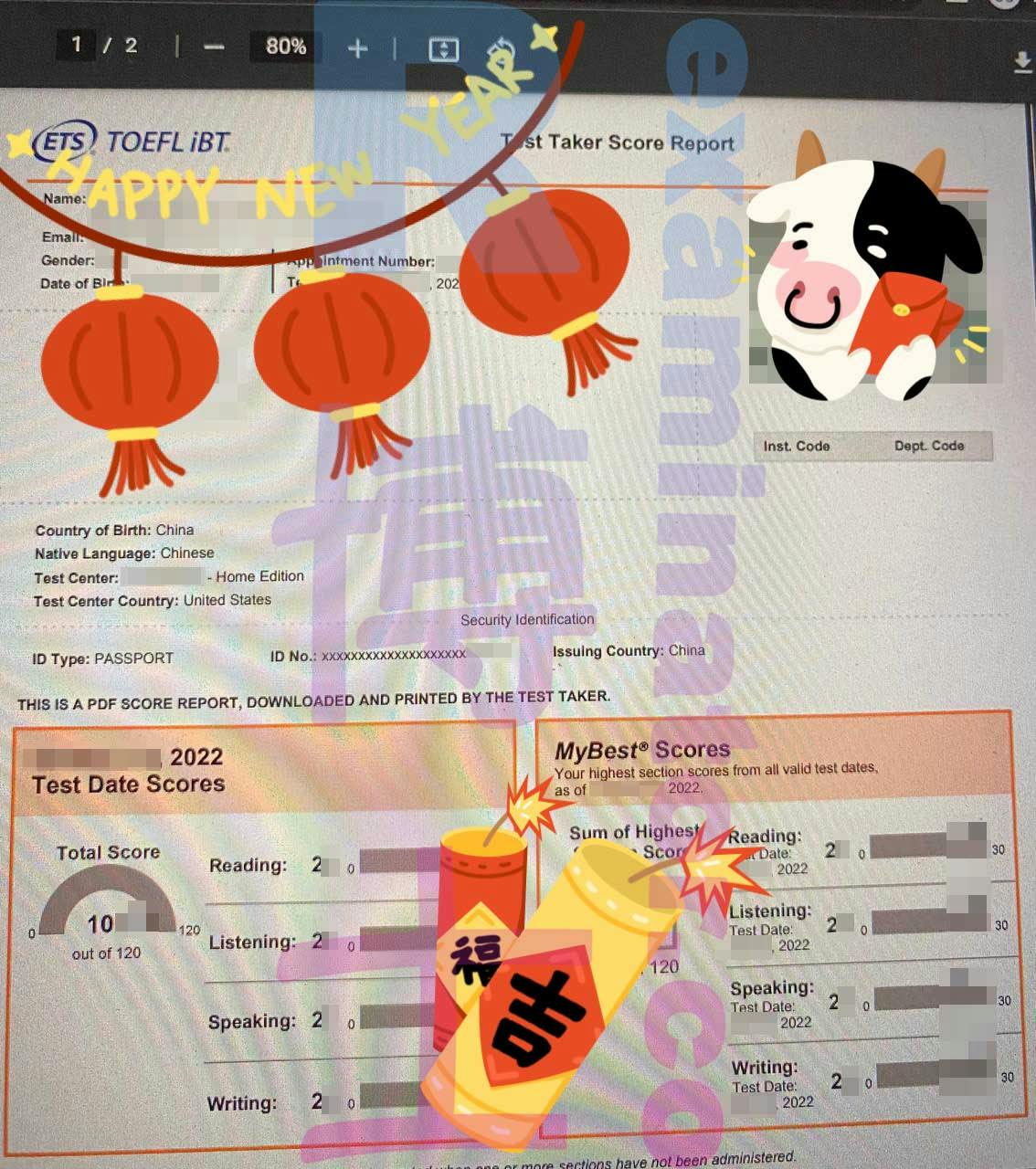 (Chinese)  A Chinese🇨🇳 customer in the United States🇺🇸 received their official TOEFL score just in time for the Chinese New Year!🧨  They said in their review of us:  "There were issues with my keyboard before the test, but everything went smoothly. These guys are killing it! 😀"